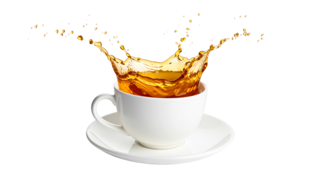Tea splash in white cup isolated on white Background.