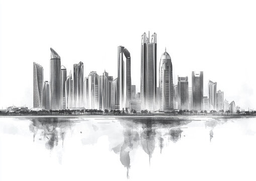 black and white minimalist painting of abu dhabi skyline in modern art style