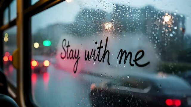 "Stay with me" handwritten on fogged bus window during rainy evening, blurred city lights outside. Concept: longing, loneliness, romance, public transport, music video.