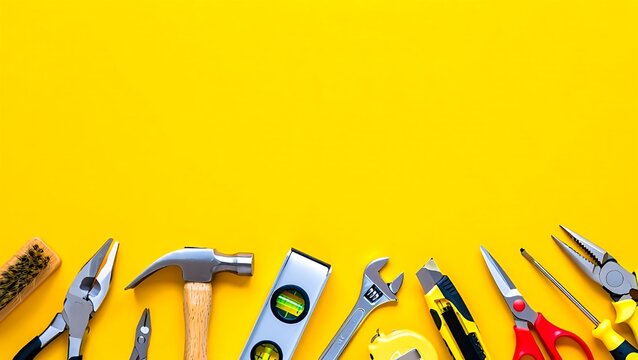 Assorted hand tools arrangement on a bright yellow backdrop creates a visually striking composition for construction or repair themes.