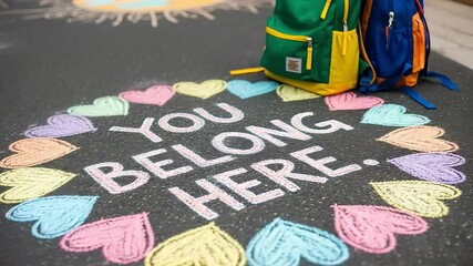 Colorful chalk message "You belong here" on asphalt surrounded by rainbow hearts and school backpacks nearby. Concept: school welcome, inclusion, back to school, education care.