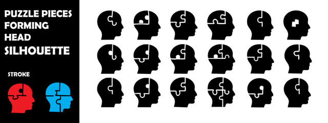 Puzzle Pieces Forming Head Silhouette Vector Set – Psychology, Problem Solving and Mental Health Icons