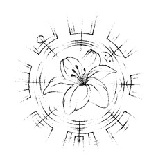 Full editable illustration of jasmine surrounded by vegvisir symbol.