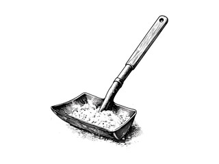 Vintage snow shovel illustration, winter cold season tool, black sketch engraving, hand-drawn icy decor, old style engraving, seasonal outdoor equipment, rustic winter gear,