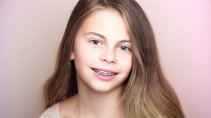 Naklejka premium Young girl with long brown hair and braces smiles warmly at the camera, showcasing her bright eyes and cheerful expression in a softly lit portrait setting