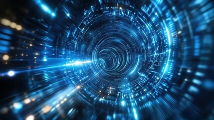 Futuristic blue tunnel with glowing lights streaks and dark space. Perfect for sci-fi, technology, or data stream visuals needs.