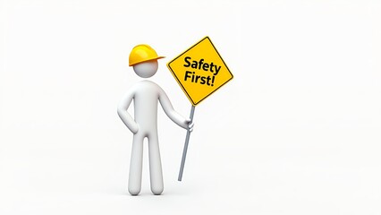 A stick figure worker wearing a hard hat emphasizes workplace caution with a bright yellow Safety First sign on a plain background.