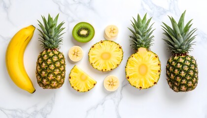 Fresh tropical fruit flat lay with whole and sliced pineapples, bananas, and kiwi on white marble background. Healthy eating concept.