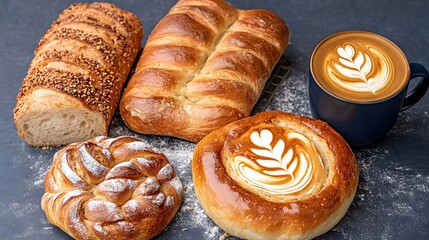 Fototapeta premium Delicious Bakery Breads and Latte Art Coffee