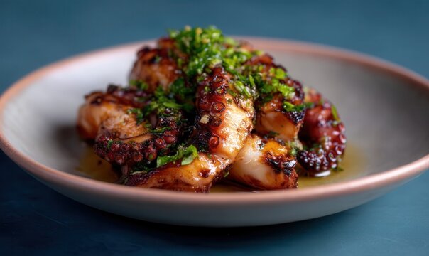 Tender tarantella octopus with charred tentacles served on coral plate with aqua backdrop
