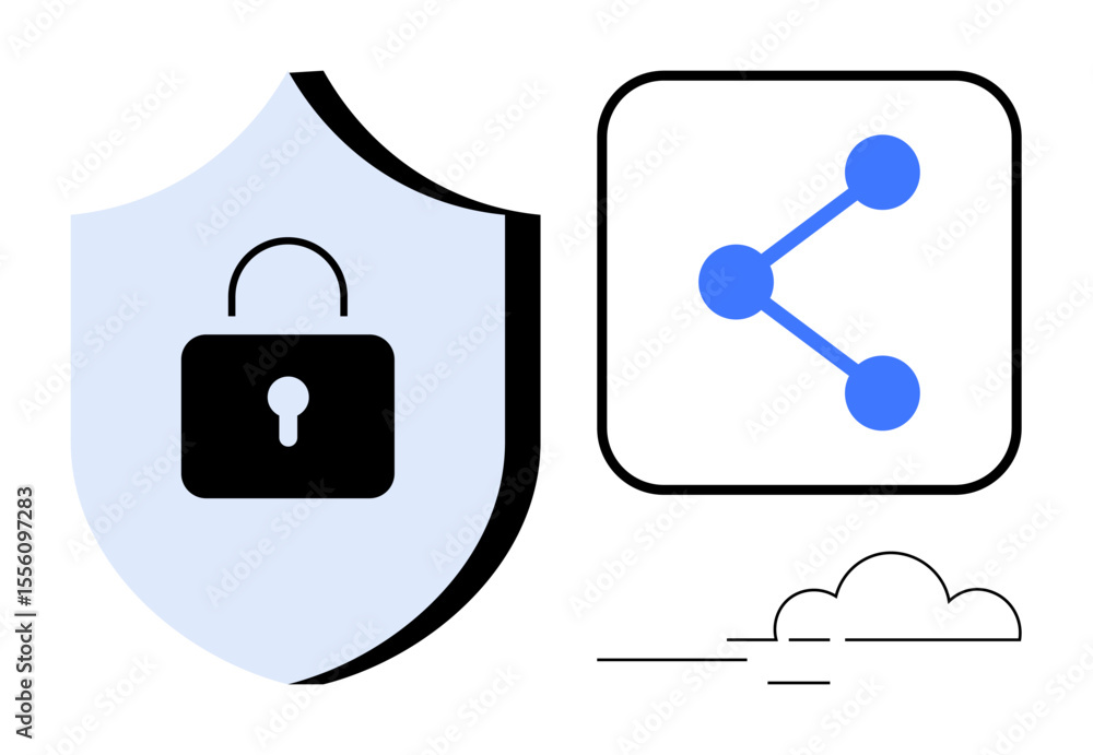 Poster shield with lock symbol representing security and protection, connected sharing network icon illustr