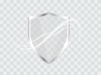 White glass shield. Glass protection shield with white glowing effect on a transparent background. Secure object. Realistic 3d vector illustration