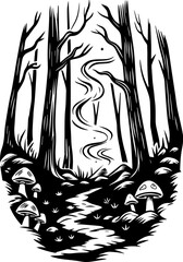 SVG capturing a slow lifestyle with Halloween horror vibes. Mysterious Forest Path with Mushrooms and Ethereal Smoke