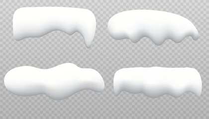 Set of white snow caps on a transparent background. Realistic snow caps, drifts, snowball, icicles and snow piles. Winter elements for your creative design. Vector illustration. Eps 10