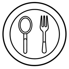 Elegant Black and White Line Art Icon of a Plate with Fork and Knife Design