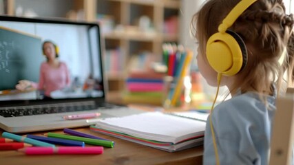 Virtual Classroom: Young girl attending online classes from home, focus on learning during distance education and remote learning - Powered by Adobe