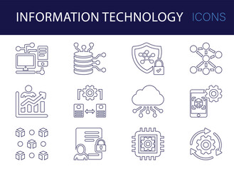 Information technology line icon set. Including cloud computing, data server, analytics, security system, network connection, blockchain, database, mobile system, and automation gear symbols.
