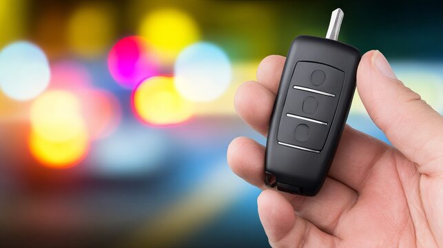 Hand holding a modern car key fob with buttons, against a blurred colorful background of lights, symbolizing automotive technology and convenience in daily life