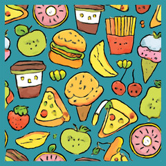 Colorful Hand Drawn Food Pattern with Fruits Fast Food and Sweets