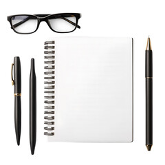 Flat lay of office supplies including pen, notebook, and glasses, isolated on transparent background.