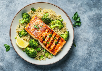 Grilled salmon served with fresh broccoli and quinoa on white plate, isolated view