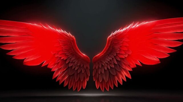 Red angel wings glowing strong in dark fire light dramatic energy