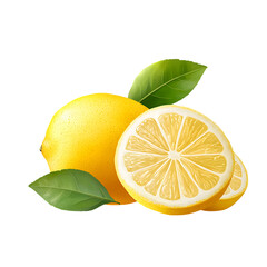 Fresh whole lemon with leaves and sliced half, isolated on transparent background.