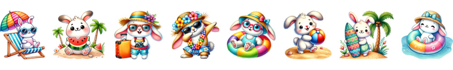 Fototapeta premium Bunny with summer tropical vacation cartoon, watercolor illustration.