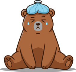 Fototapeta premium Illustration of a bear suffering from heat with an ice pack on its head