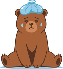 Naklejka premium Illustration of a bear suffering from heat with an ice pack on its head