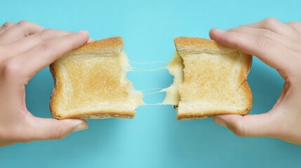 Hands pulling apart two slices of toasted bread with melted cheese stretching between them, set against a vibrant blue background, showcasing delicious comfort food
