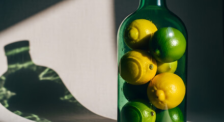 Sunlit Lemons and Limes in Emerald Glass Bottle: Still Life Photography