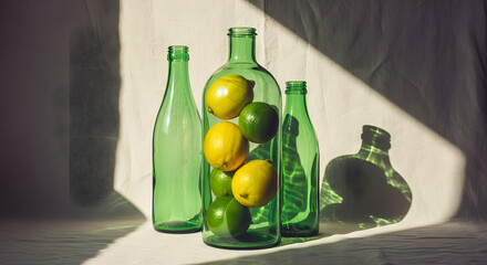 Sunlit Still Life: Lemons and Limes in Green Glass Bottles