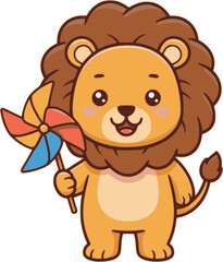 Fototapeta premium Cute lion character illustration holding a pinwheel