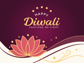 Elegant Happy Diwali Festival of Light Illustration with Lotus Flower and Decorative Swirls on Dark Background