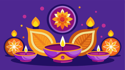 Vibrant Diwali Celebration Illustration with Lit Diyas Floral Accents and Festive Purple Background colorful illustration