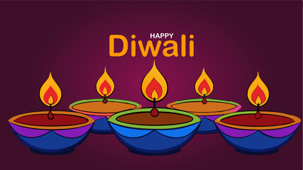 Colorful Diwali Illustration with Lit Oil Lamps and Happy Diwali Text on a Purple Background