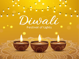 Elegant Diwali Celebration Design Featuring Traditional Oil Lamps and Festive String Lights on Yellow Background