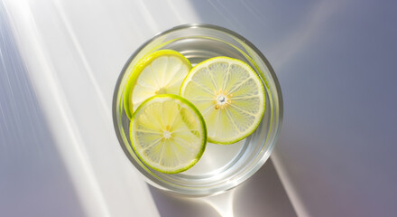 Translucent Lemon Slices in Glass, Sunlight, Refreshing Drink, Top View.