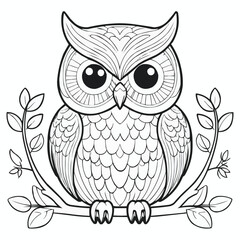 Fototapeta premium Detailed line art of an owl sitting on a branch with leaves suitable for coloring or artistic design