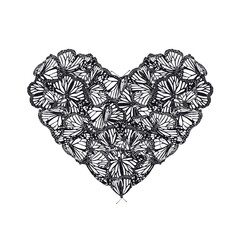 Heart shape hand drawn monochrome monarch butterflies composition. Beautiful tropical insect design. Vector illustration on white background