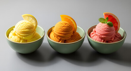 Three Scoops of Summer Flavors: Vibrant Ice Cream in Pastel Bowls