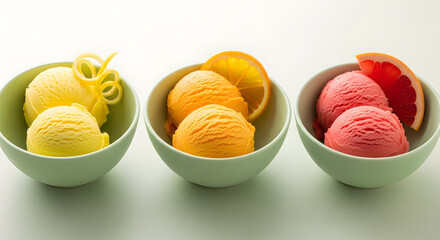 Trio of Citrus Ice Cream: Lemon, Orange, and Grapefruit in Pastel Bowls
