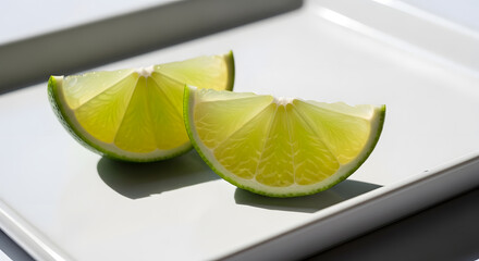 Two Lime Wedges on White Plate, Translucent Citrus Detail, Bright Sunlight