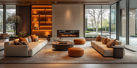 Luxurious modern living room interior with fireplace sofas and large windows overlooking the garden view