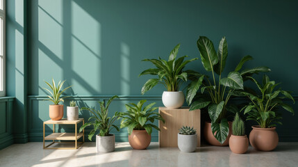 Fototapeta premium Lush indoor plants arranged in stylish pots against teal wall, creating serene and inviting atmosphere