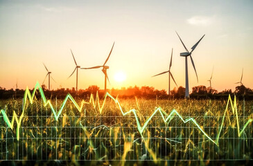 A picturesque sunset illuminates a field of wind turbines A vibrant green and yellow financial graph is superimposed over the scene suggesting economic trends in renewable energy