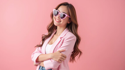 Stylish woman wearing heart shaped sunglasses, smiling confidently against pink background. Her outfit is trendy and vibrant, exuding cheerful