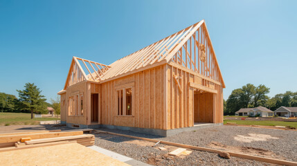Newly constructed wooden house frame under clear blue sky, showcasing architectural design and building materials used in construction