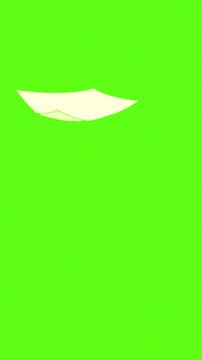 one single white paper falling on vertical chroma key green screen, realistic smooth fall for flying sheet filling the screen motion graphics animation template for social media reel